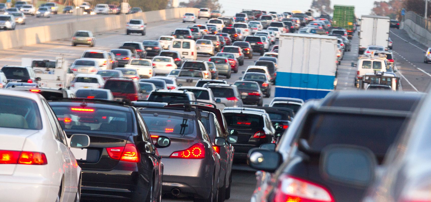 Heavy traffic on the 405 freeway in Orange County, CA.