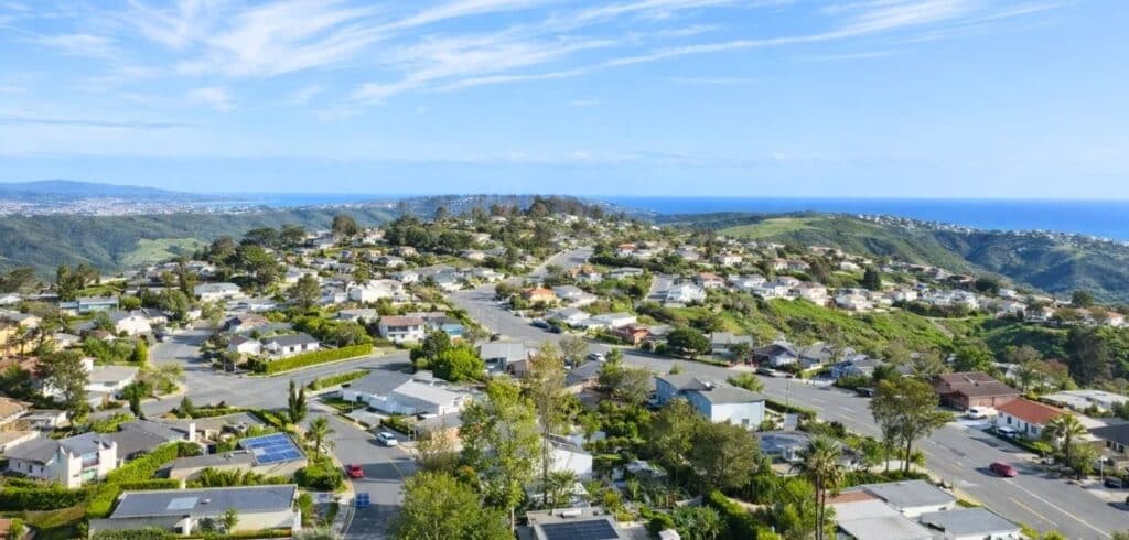 An aerial view of the Top of the World neighborhood in Laguna Beach, California.