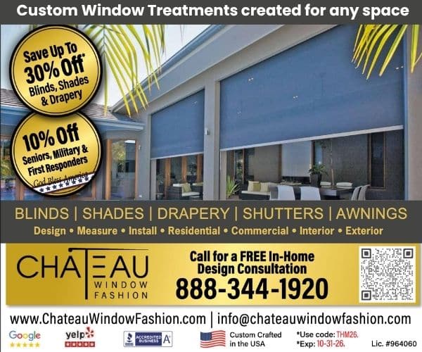 CHATEAU WINDOW FASHION 16 Roller Shades, Drapery, Blackout shades, Outdoor Shades, Awning, Pergola